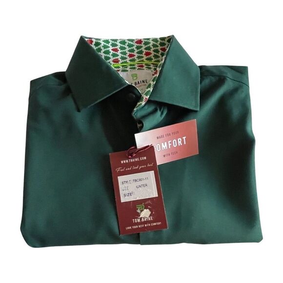 TOM BAINE Slim Fit Holiday Collection Button Down Dress Shirt Hunter Med NWT - Picture 9 of 16